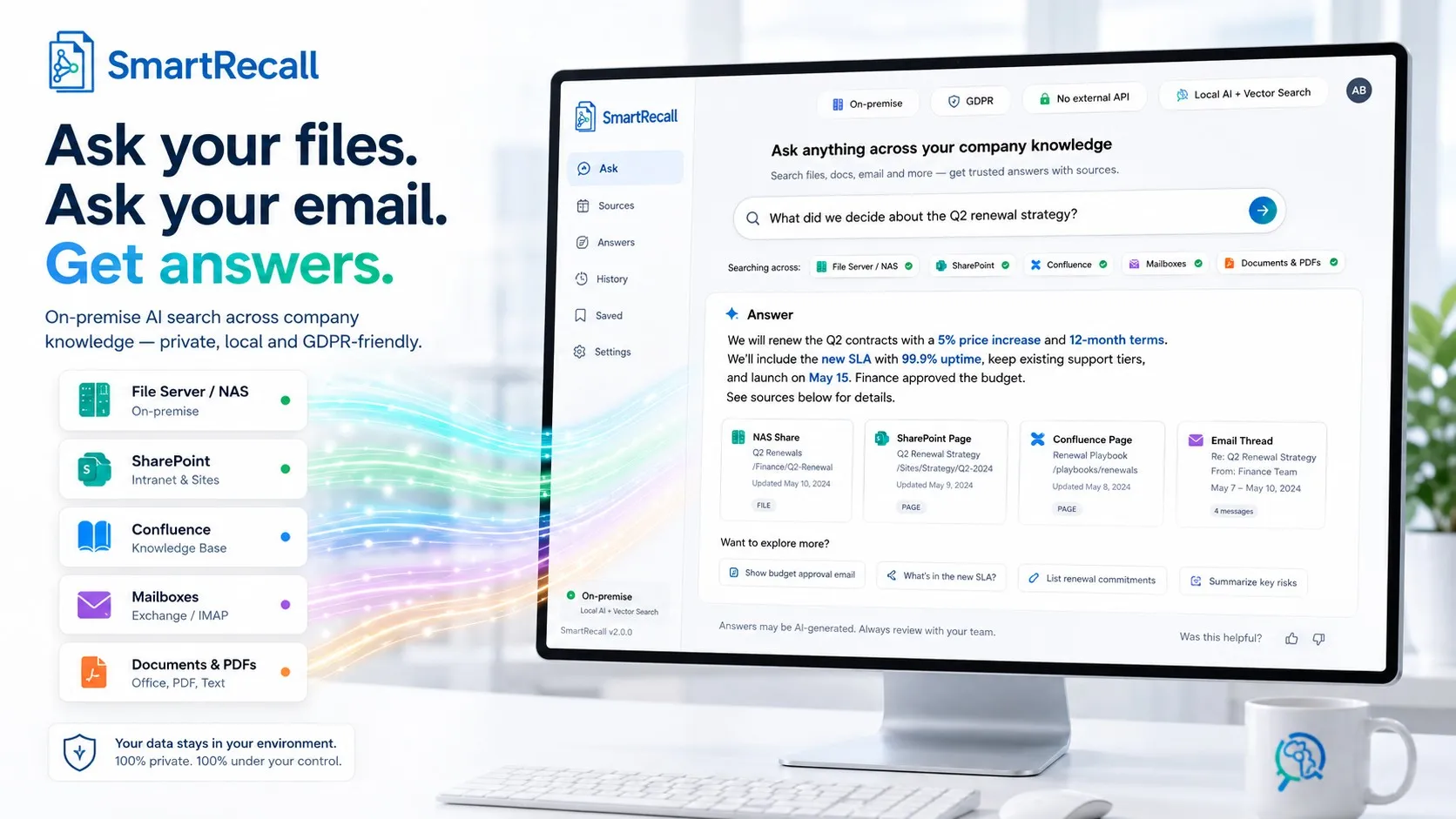 SmartRecall answering a question from a company's own documents, with the sources it drew the answer from