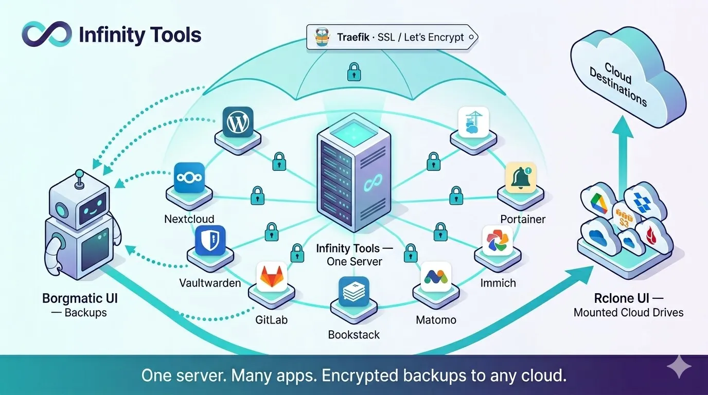 One server running Nextcloud, WordPress, GitLab, Vaultwarden, Bookstack, Matomo, Immich and Portainer behind Traefik with Let's Encrypt, backed up by Borgmatic UI and mounting cloud storage through Rclone UI